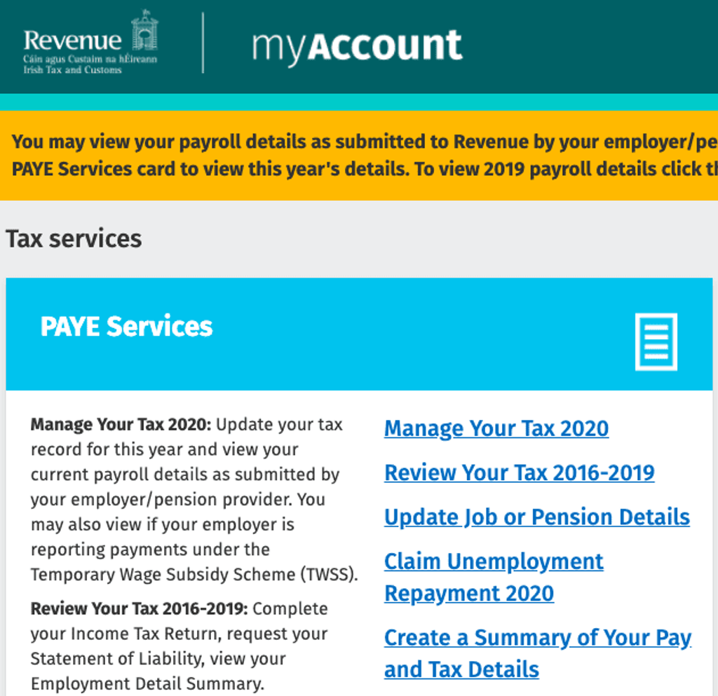 Revenue myAccount iamge with PAYE services and tax details
