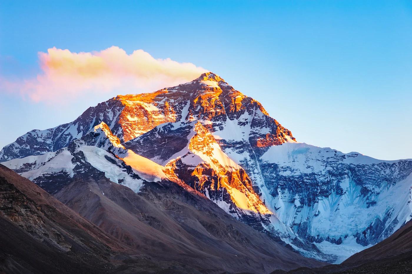 Mount Everest North face glowing in the sun