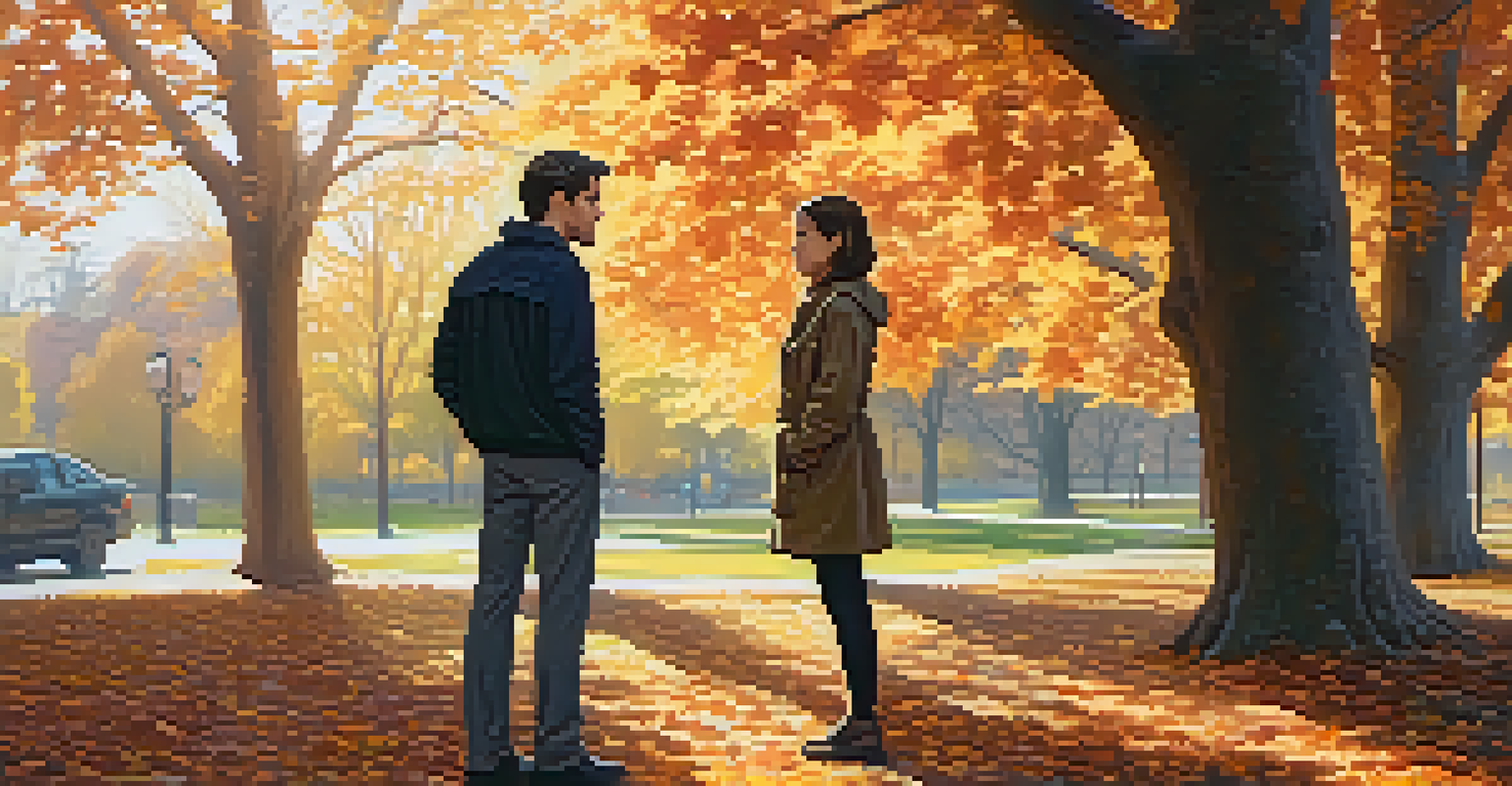 Two individuals in a park having a tense conversation surrounded by autumn leaves.