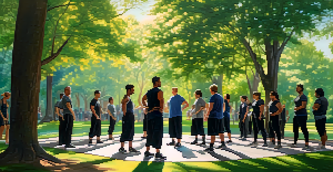 A diverse group practicing self-defense techniques in a sunny park surrounded by greenery.