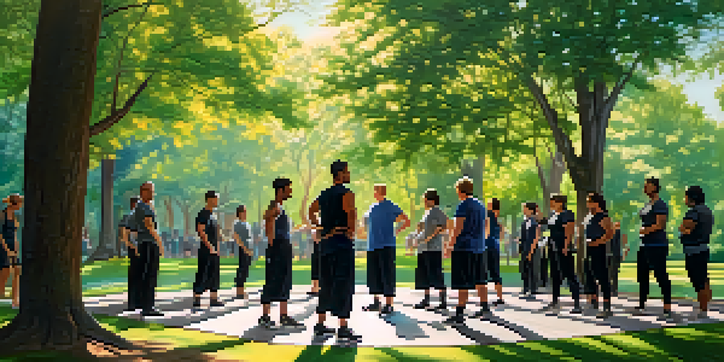 A diverse group practicing self-defense techniques in a sunny park surrounded by greenery.