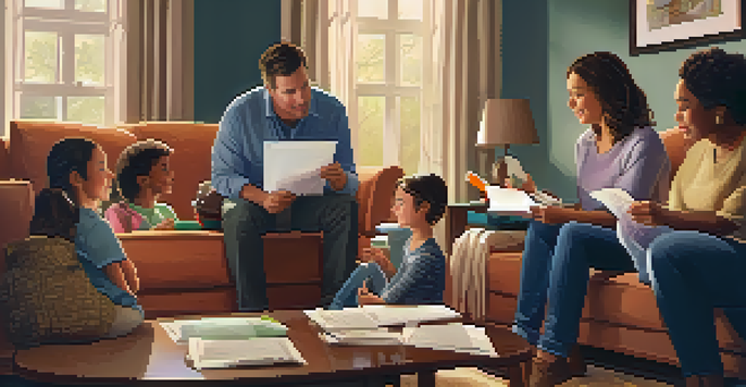 A family discussing their home safety plan in a cozy living room, surrounded by safety supplies.