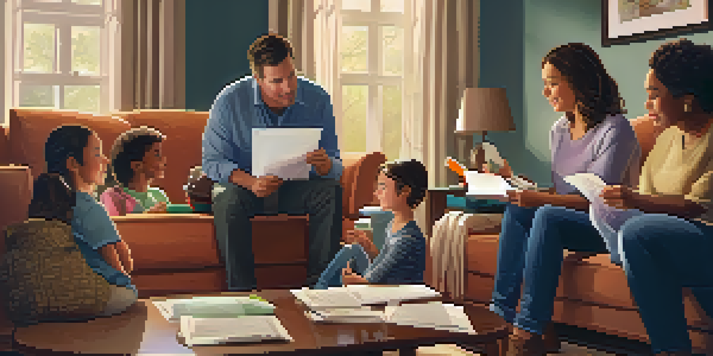 A family discussing their home safety plan in a cozy living room, surrounded by safety supplies.