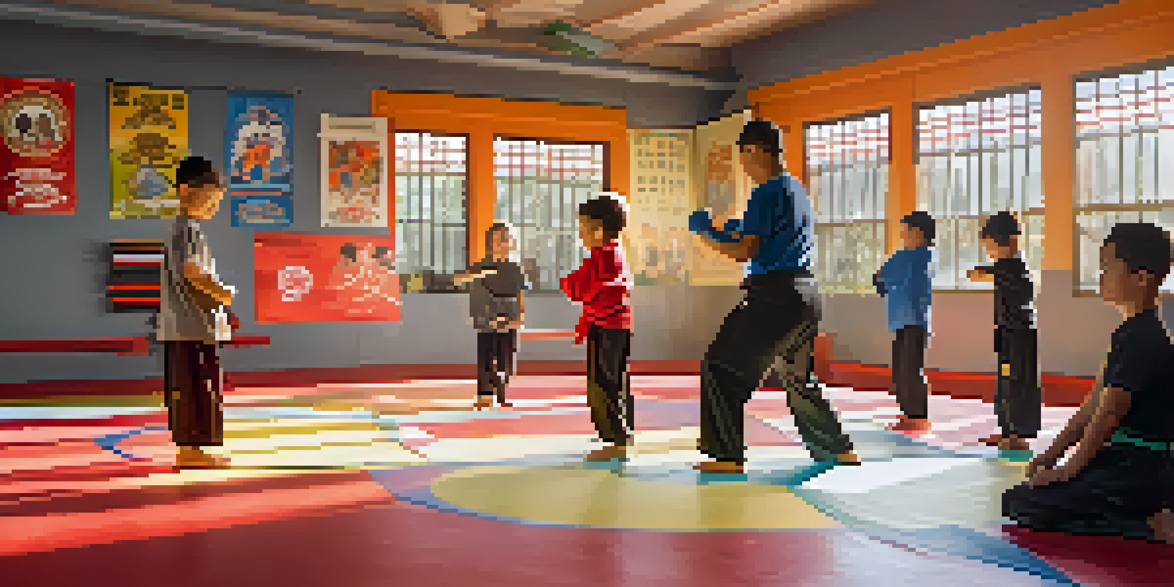 A dojo filled with children practicing self-defense, capturing their focus and diversity.