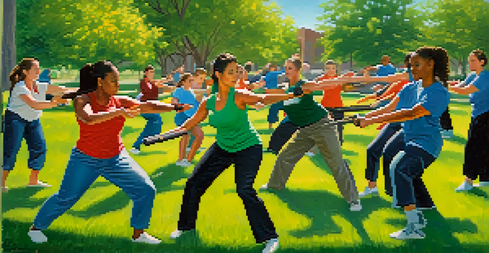 A diverse group of people in a self-defense class outdoors, practicing techniques under a sunny sky.
