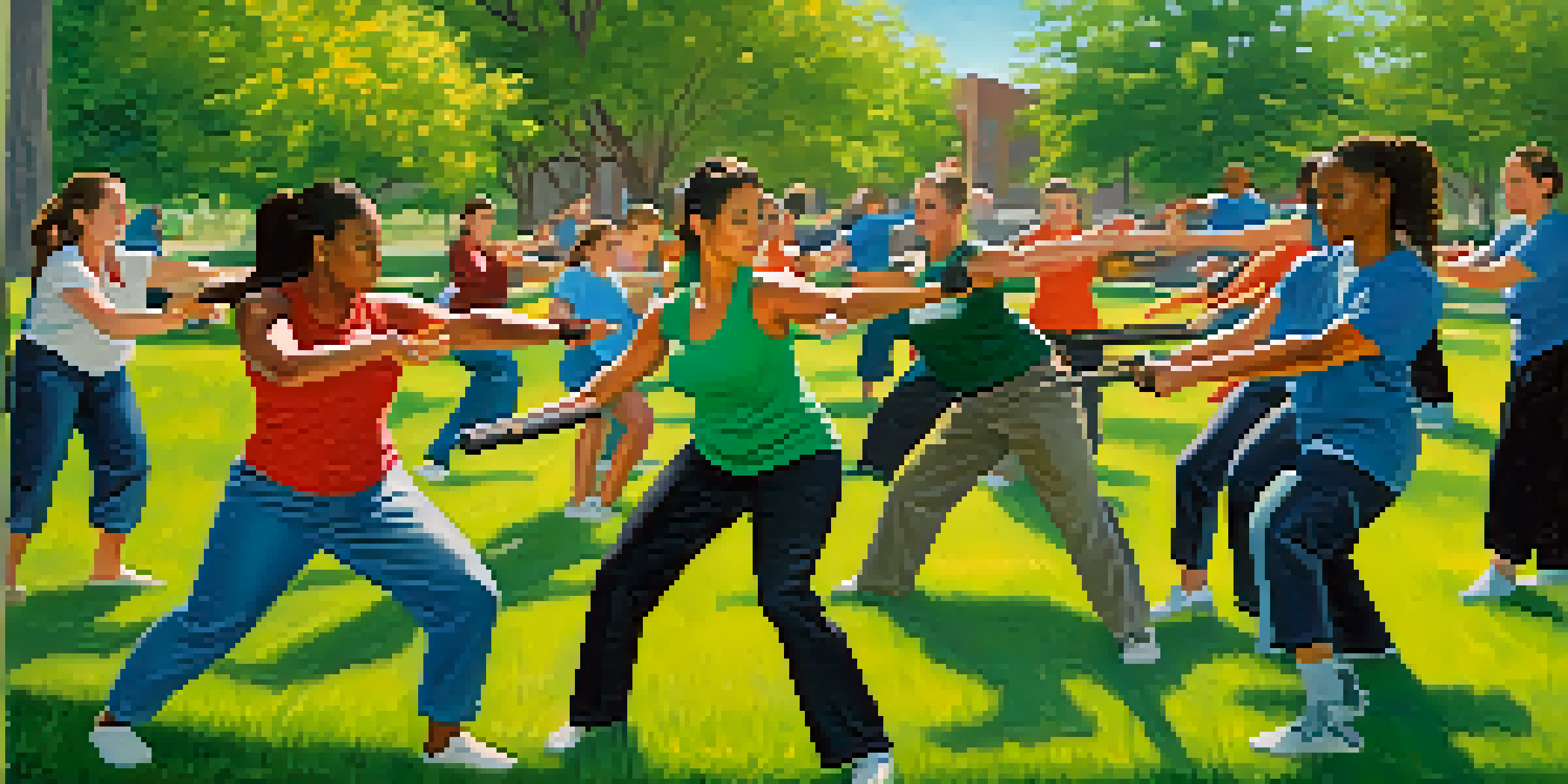 A diverse group of people in a self-defense class outdoors, practicing techniques under a sunny sky.