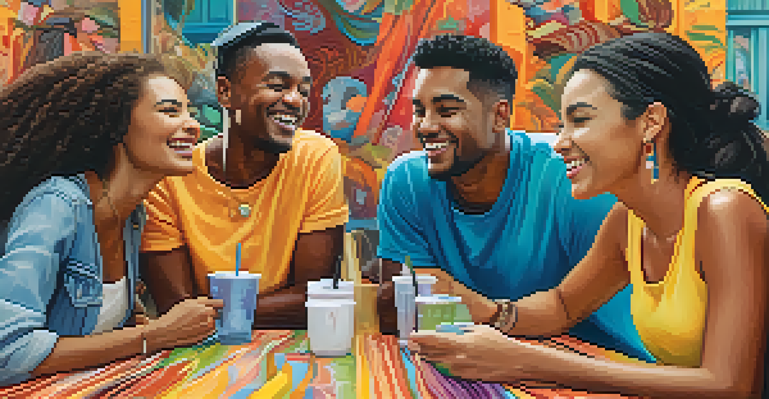 A diverse group of friends engaged in discussion at a table with a colorful mural in the background.