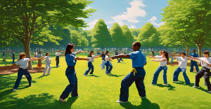 A diverse group of people practicing self-defense techniques in a sunny park, showcasing various dynamic poses. Lush green trees and a clear blue sky provide a peaceful backdrop.