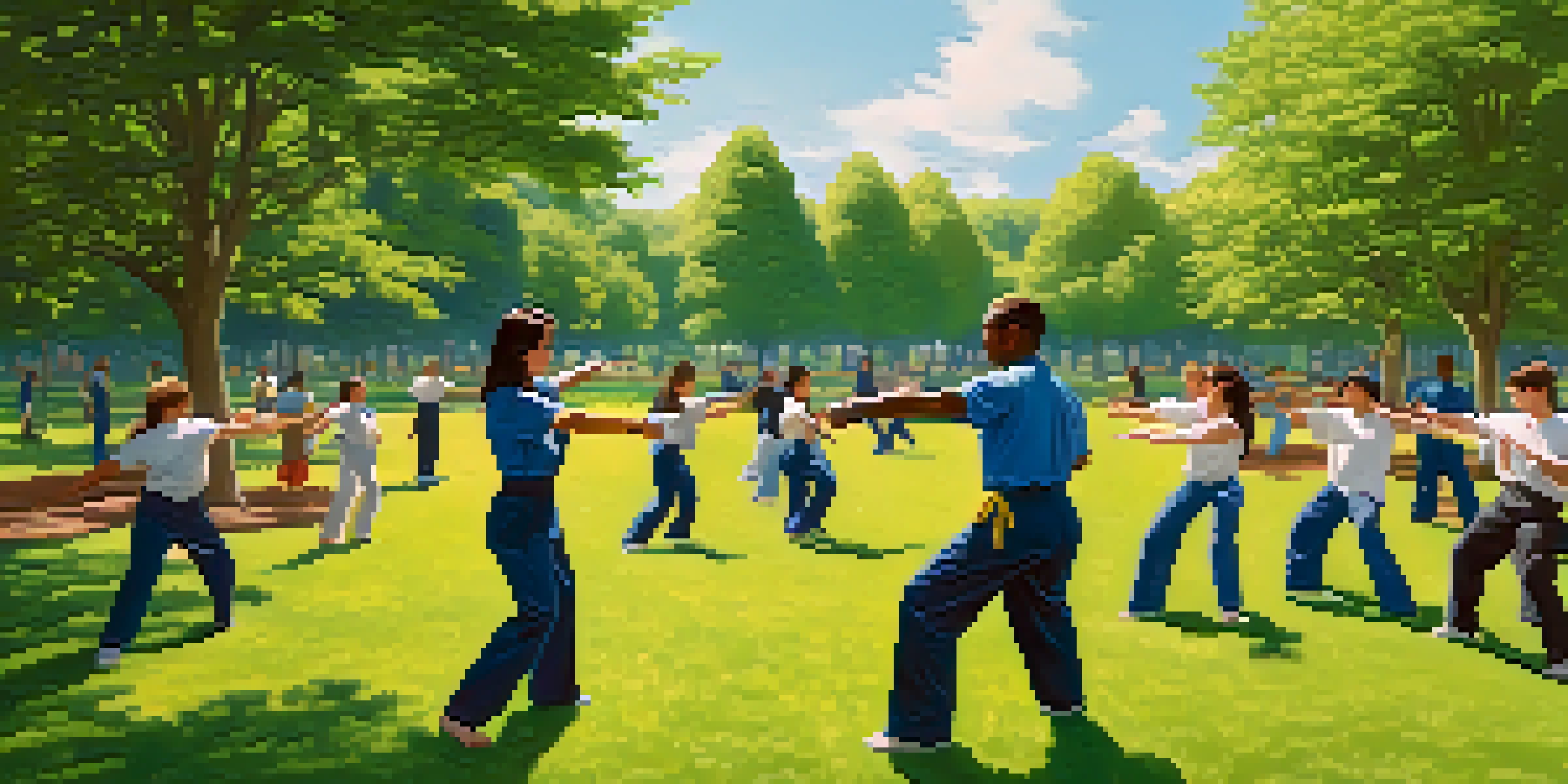 A diverse group of people practicing self-defense techniques in a sunny park, showcasing various dynamic poses. Lush green trees and a clear blue sky provide a peaceful backdrop.