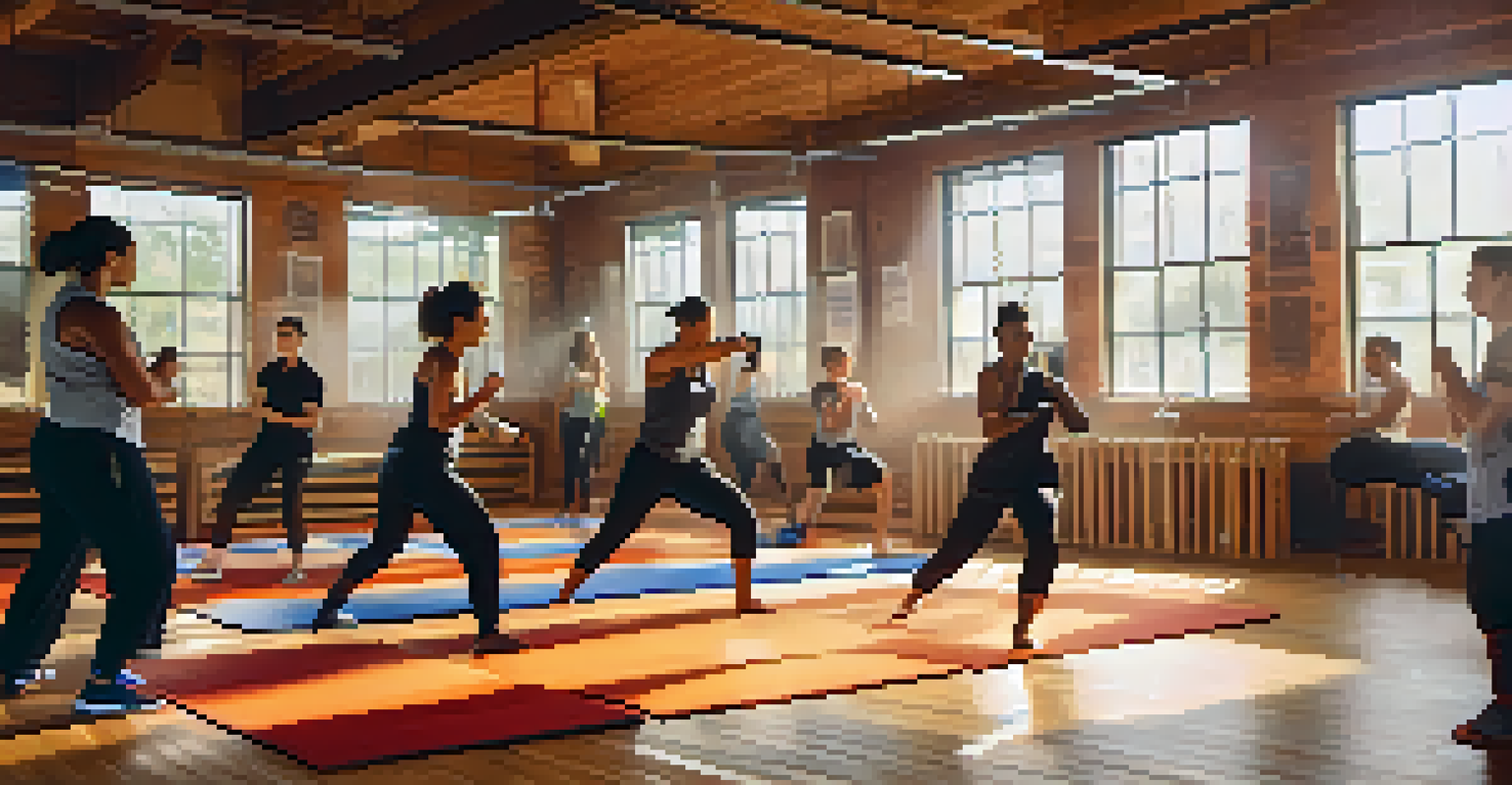 A diverse group of individuals practicing self-defense techniques in a gym, led by an instructor, highlighting empowerment and community.