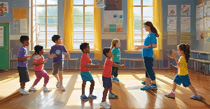 A lively classroom with children practicing self-defense techniques under the guidance of a smiling instructor, illuminated by sunlight.