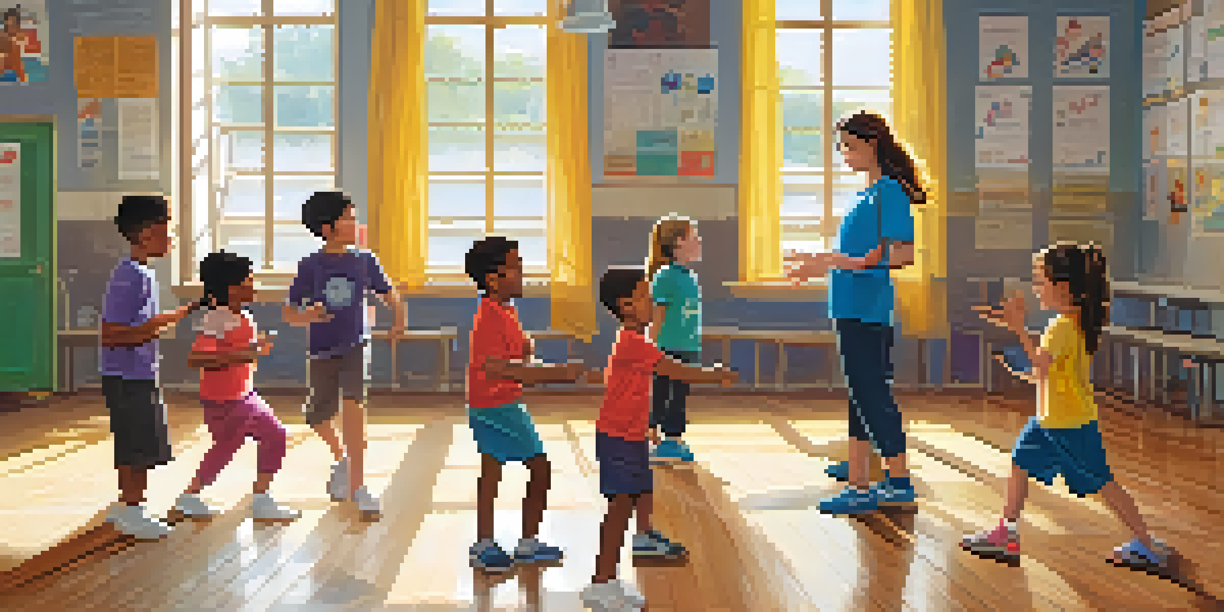 A lively classroom with children practicing self-defense techniques under the guidance of a smiling instructor, illuminated by sunlight.