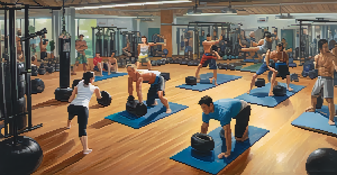 A gym scene featuring people engaging in different fitness activities, such as martial arts and weightlifting, with bright lighting and various equipment.