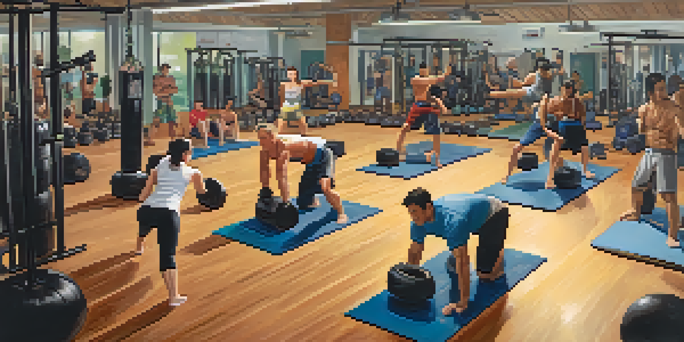 A gym scene featuring people engaging in different fitness activities, such as martial arts and weightlifting, with bright lighting and various equipment.