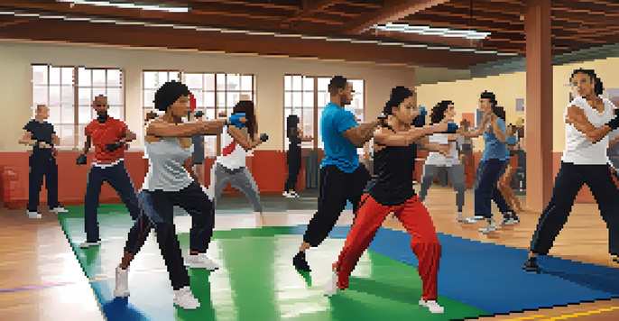 A diverse group of people practicing self-defense techniques in a gym, demonstrating physical movements.