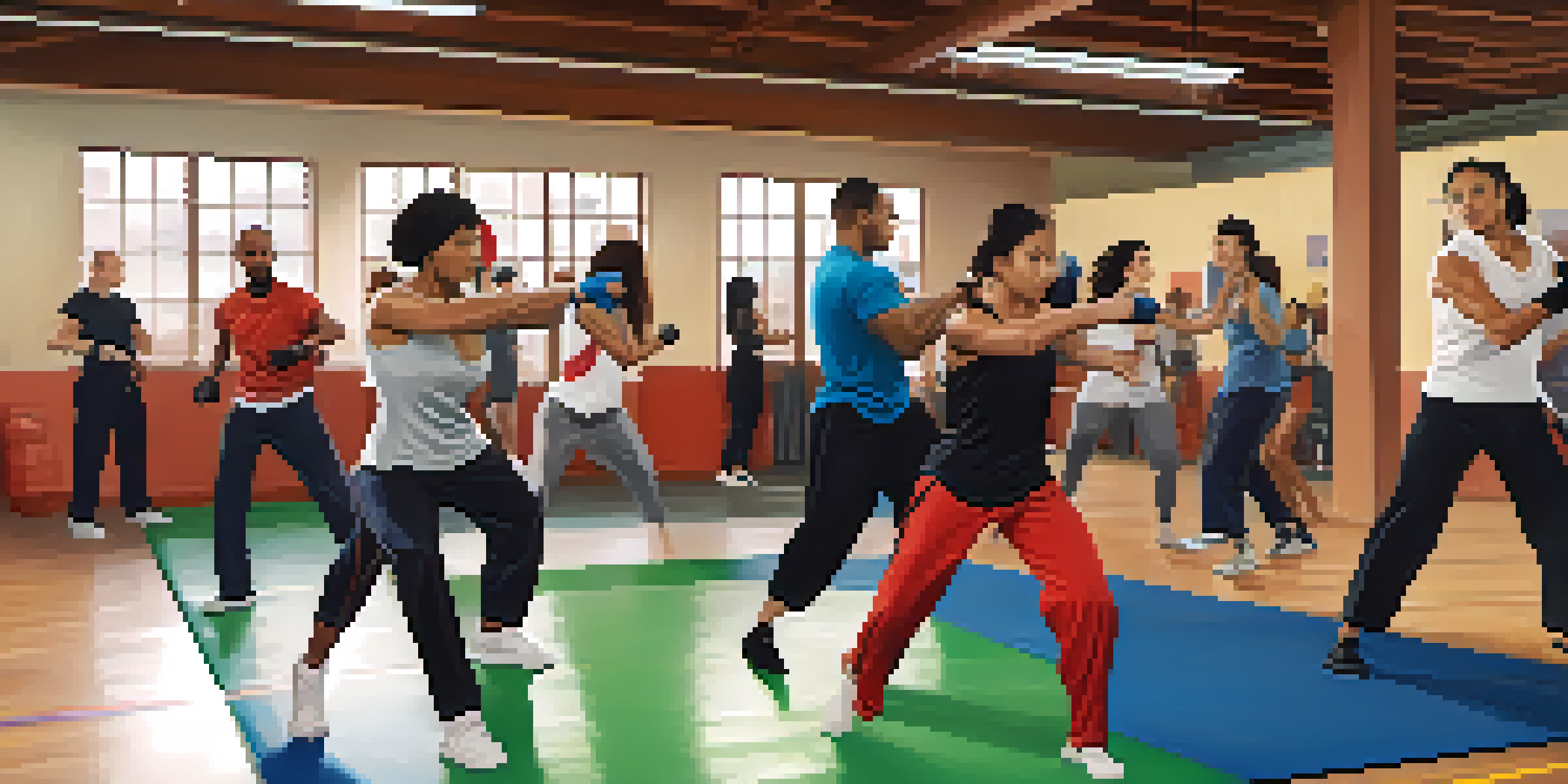 A diverse group of people practicing self-defense techniques in a gym, demonstrating physical movements.