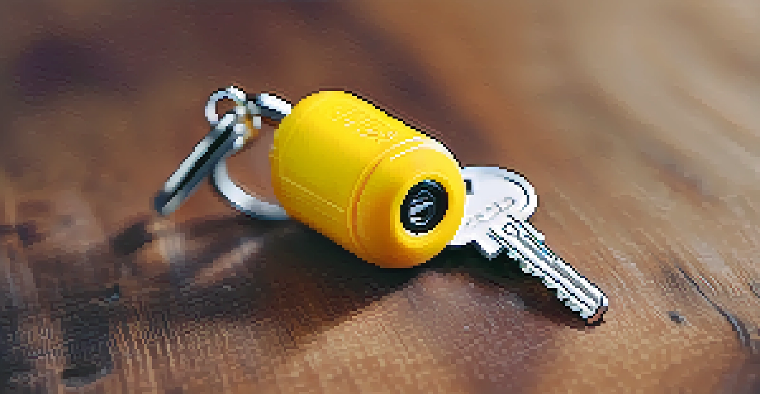 A close-up of a keychain pepper spray on a wooden table, showcasing its sleek design and bright color.