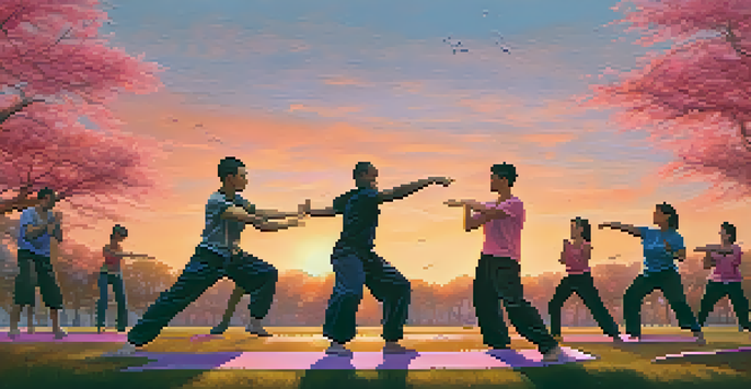 A peaceful park at sunset with diverse individuals practicing self-defense techniques in a grassy area, surrounded by trees.