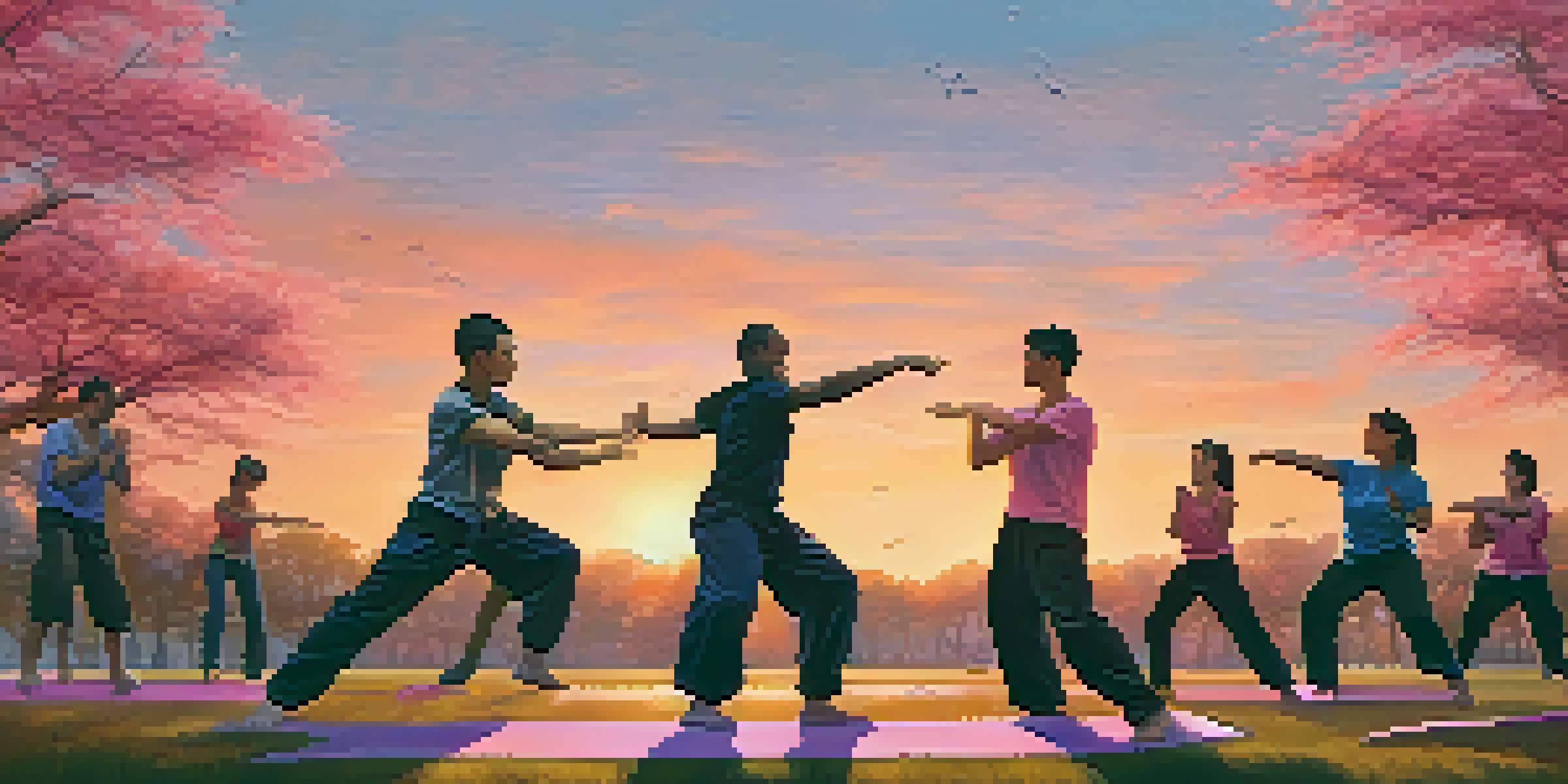A peaceful park at sunset with diverse individuals practicing self-defense techniques in a grassy area, surrounded by trees.