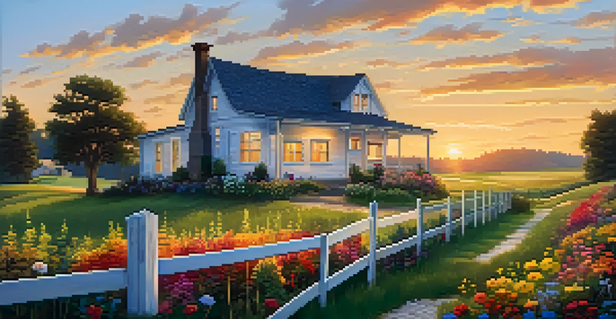 A picturesque rural landscape with a farmhouse, green fields, and a colorful sunset.