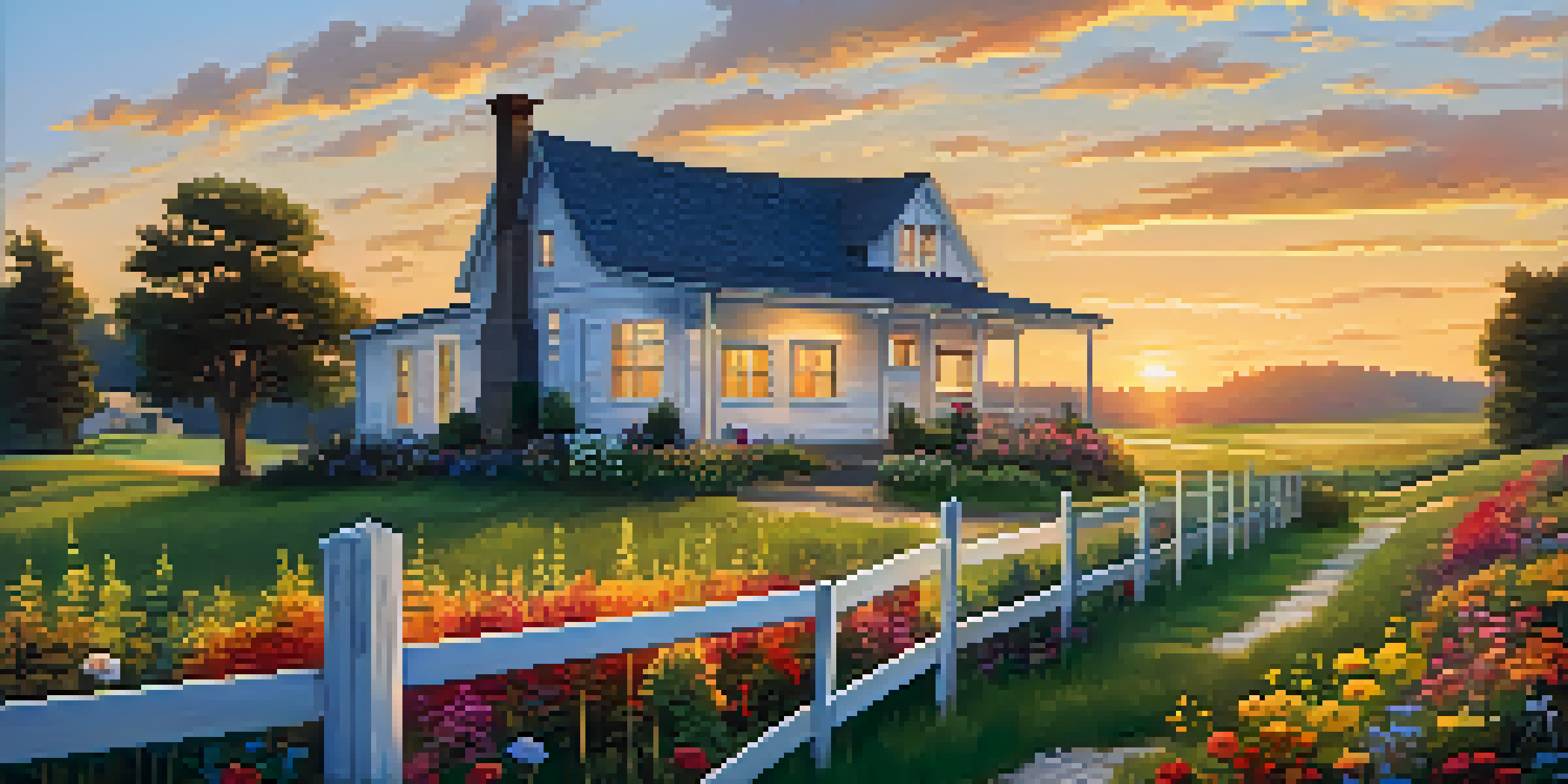 A picturesque rural landscape with a farmhouse, green fields, and a colorful sunset.