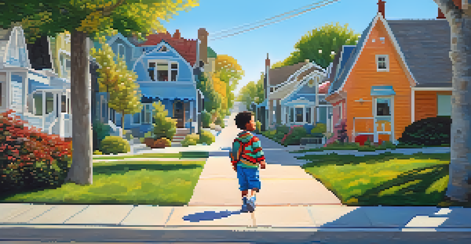 A child walking home with a silly character who is humorously misinterpreting a situation in a colorful neighborhood.