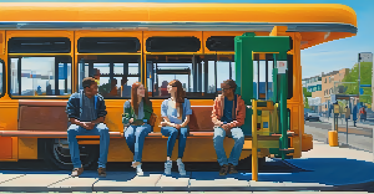 Two friends at a bus stop, talking and smiling with colorful backpacks beside them.