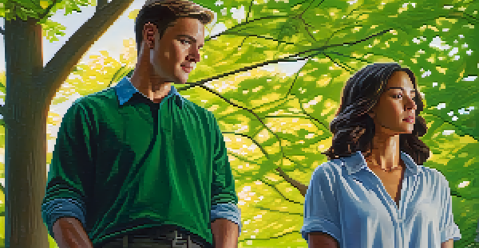 A close-up of two people in a park, one showing confident body language and the other appearing defensive, with green trees in the background.