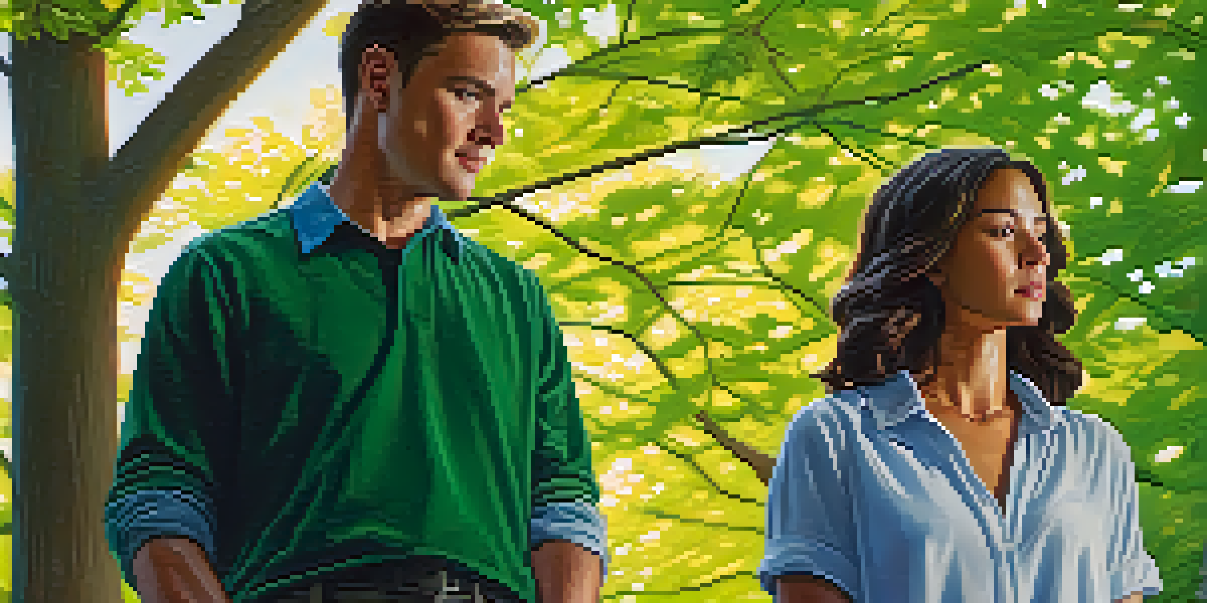 A close-up of two people in a park, one showing confident body language and the other appearing defensive, with green trees in the background.