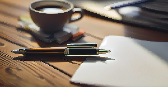 A close-up image of a sturdy pen on a wooden desk, illuminated by natural light, with blurred office items in the background.