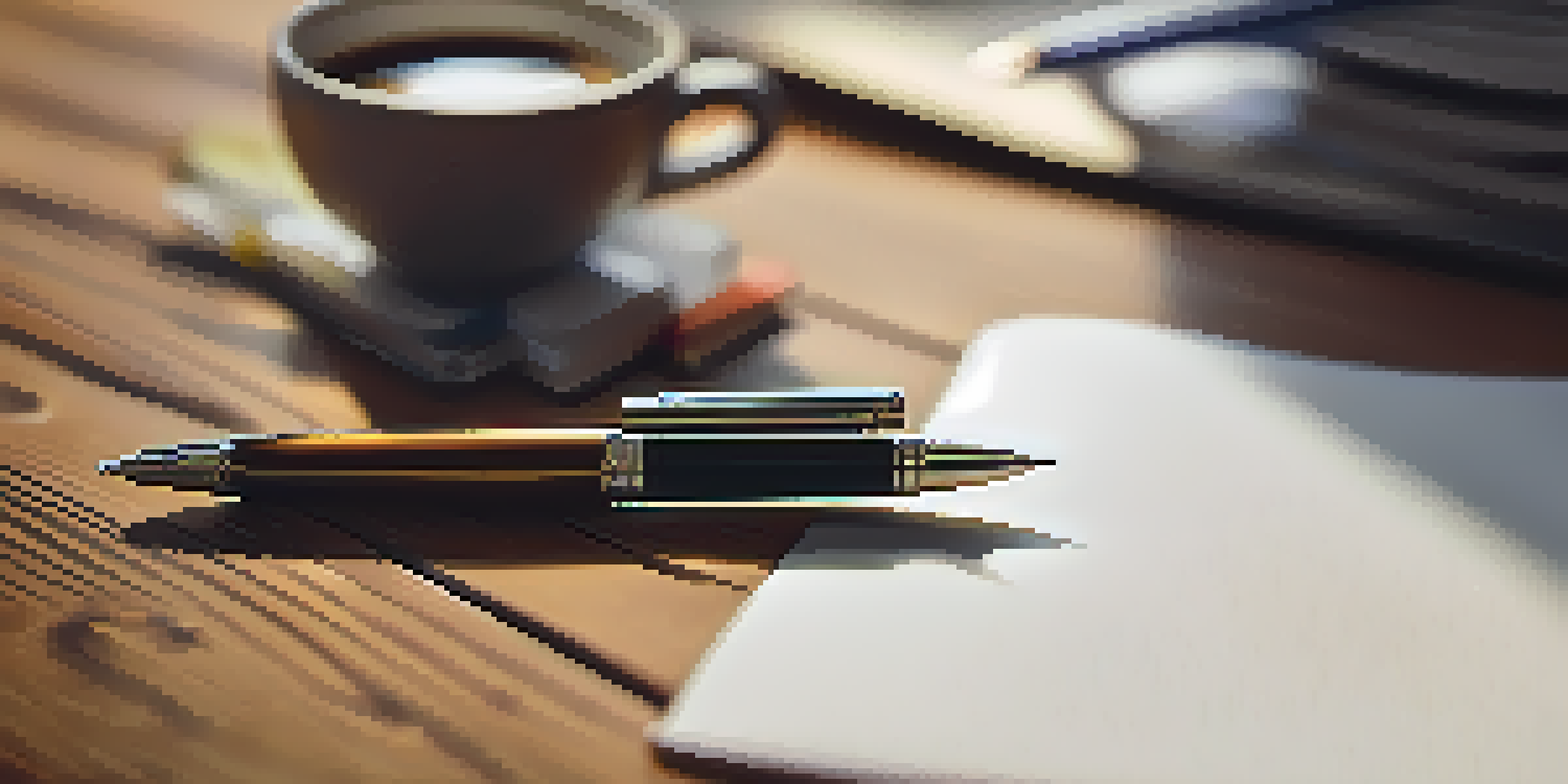 A close-up image of a sturdy pen on a wooden desk, illuminated by natural light, with blurred office items in the background.