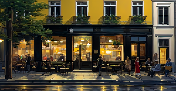 An urban street at dusk with a brightly lit café and a dark alleyway, highlighting the contrast between safety and danger.