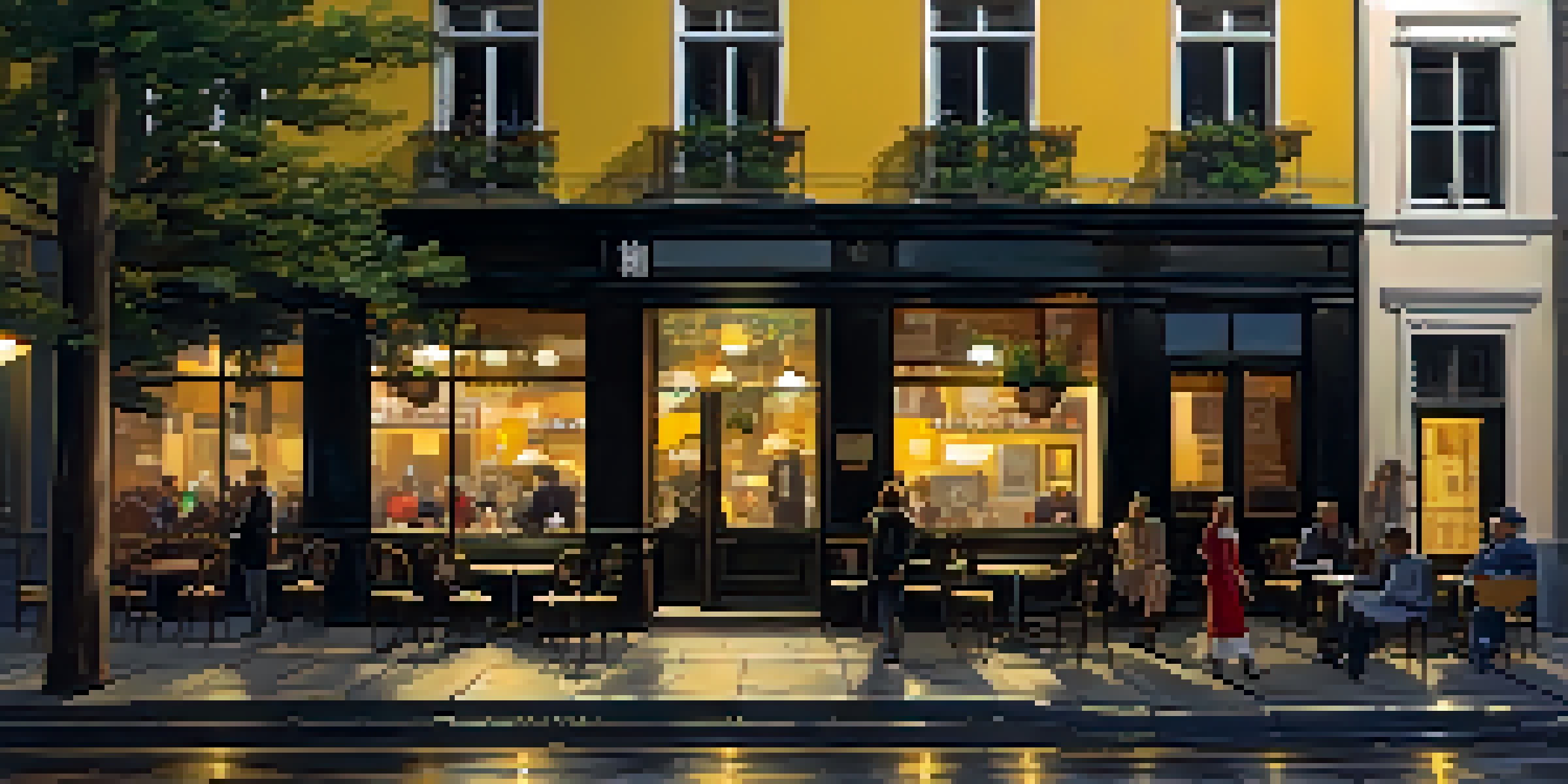 An urban street at dusk with a brightly lit café and a dark alleyway, highlighting the contrast between safety and danger.