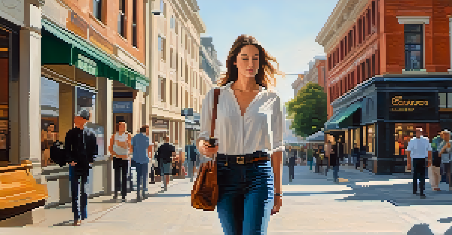 A confident woman walking in a city, showcasing awareness and self-assurance in her surroundings.