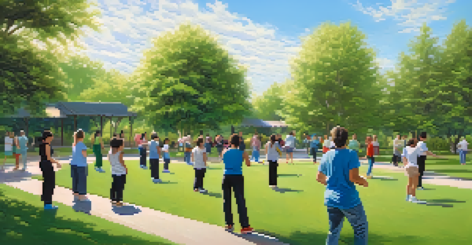 A community park scene with a self-defense instructor leading a diverse group in practice, surrounded by nature.