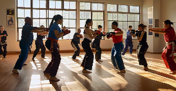A diverse group of people practicing self-defense in a bright studio, with sunlight streaming through windows and motivational quotes on the walls.