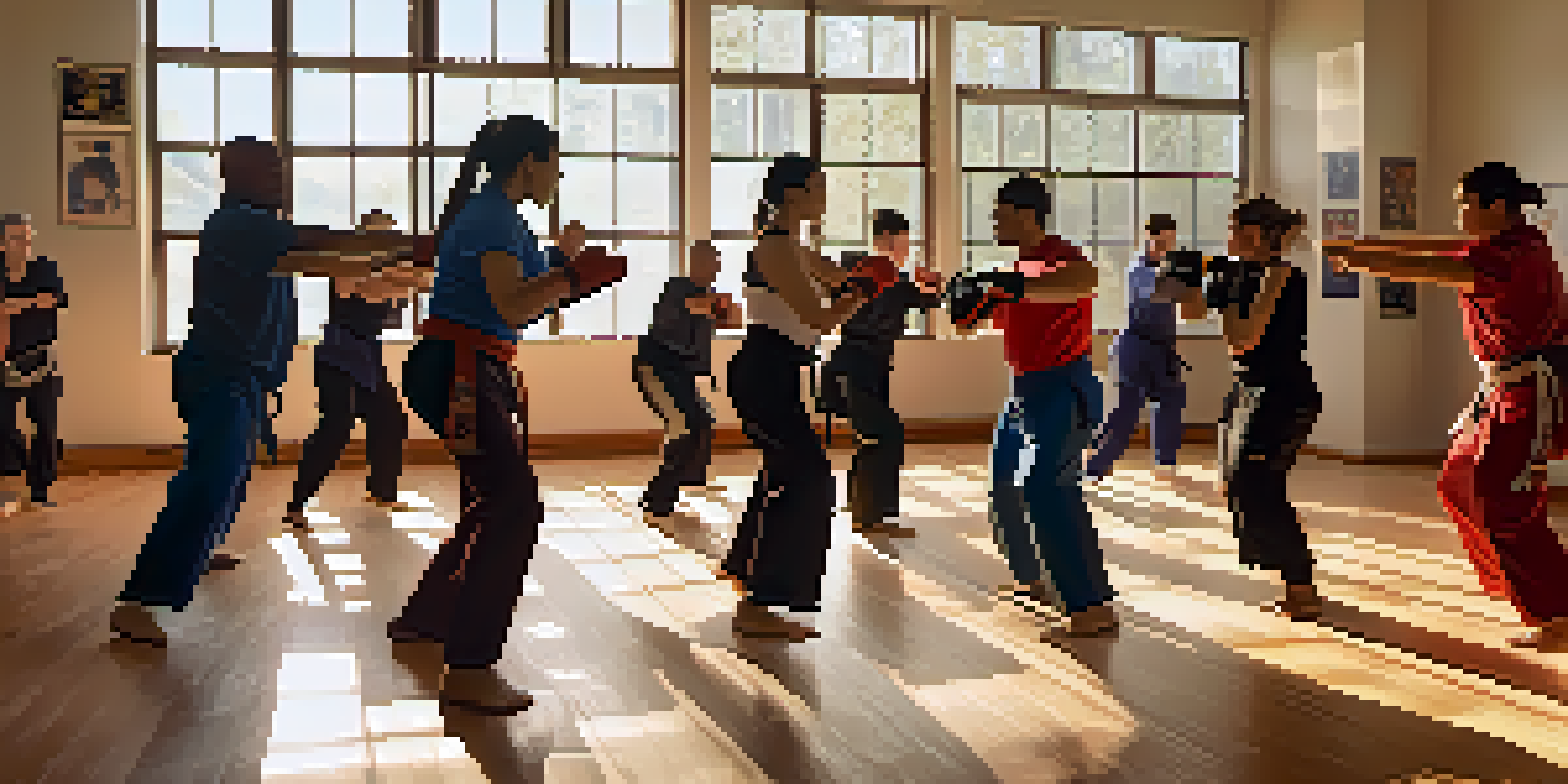 A diverse group of people practicing self-defense in a bright studio, with sunlight streaming through windows and motivational quotes on the walls.