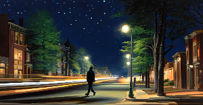 A person walking home at night under streetlights, looking cautious with a shadowy figure in the background, surrounded by trees and a starry sky.