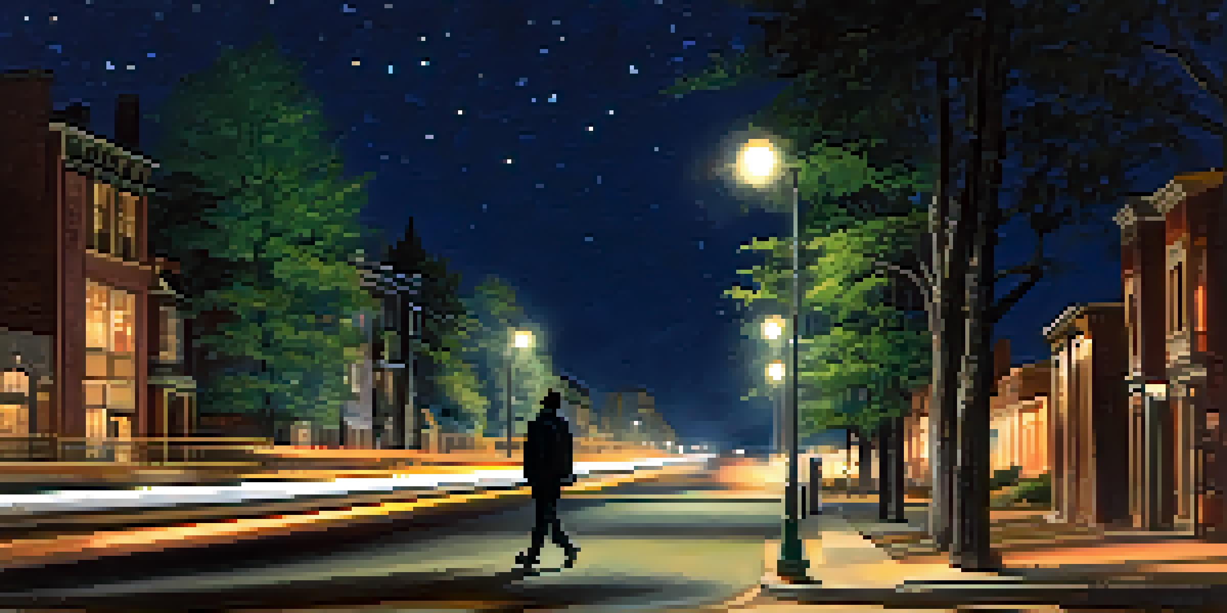 A person walking home at night under streetlights, looking cautious with a shadowy figure in the background, surrounded by trees and a starry sky.
