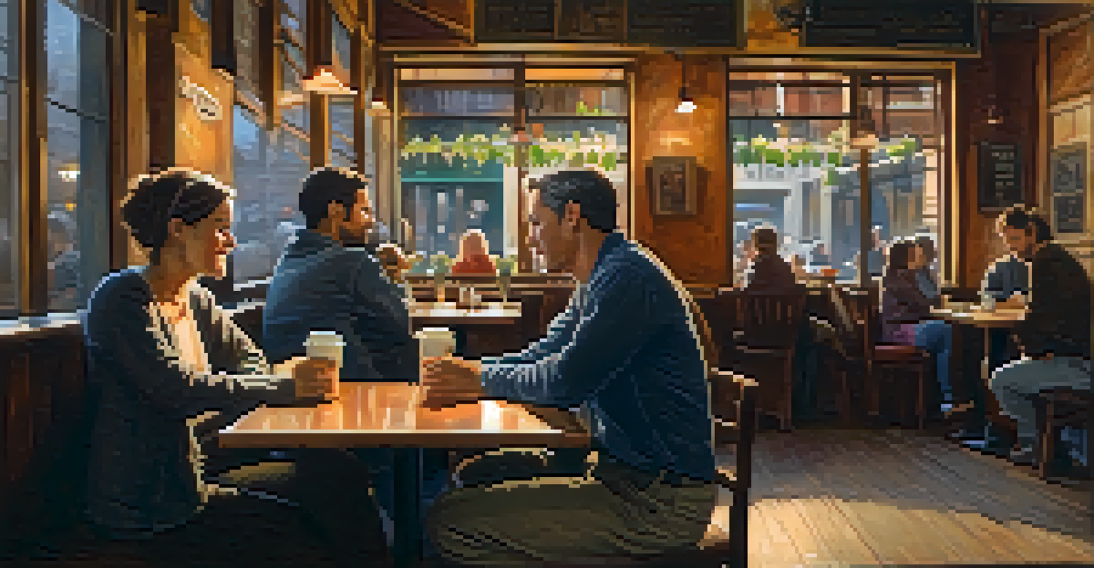 Two people in a café, one listening attentively to the other, showcasing a moment of active listening.