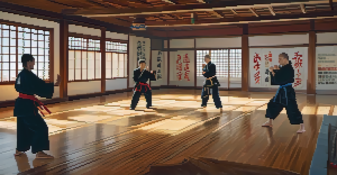 A dojo with a wooden floor and large windows where diverse individuals are practicing self-defense techniques.