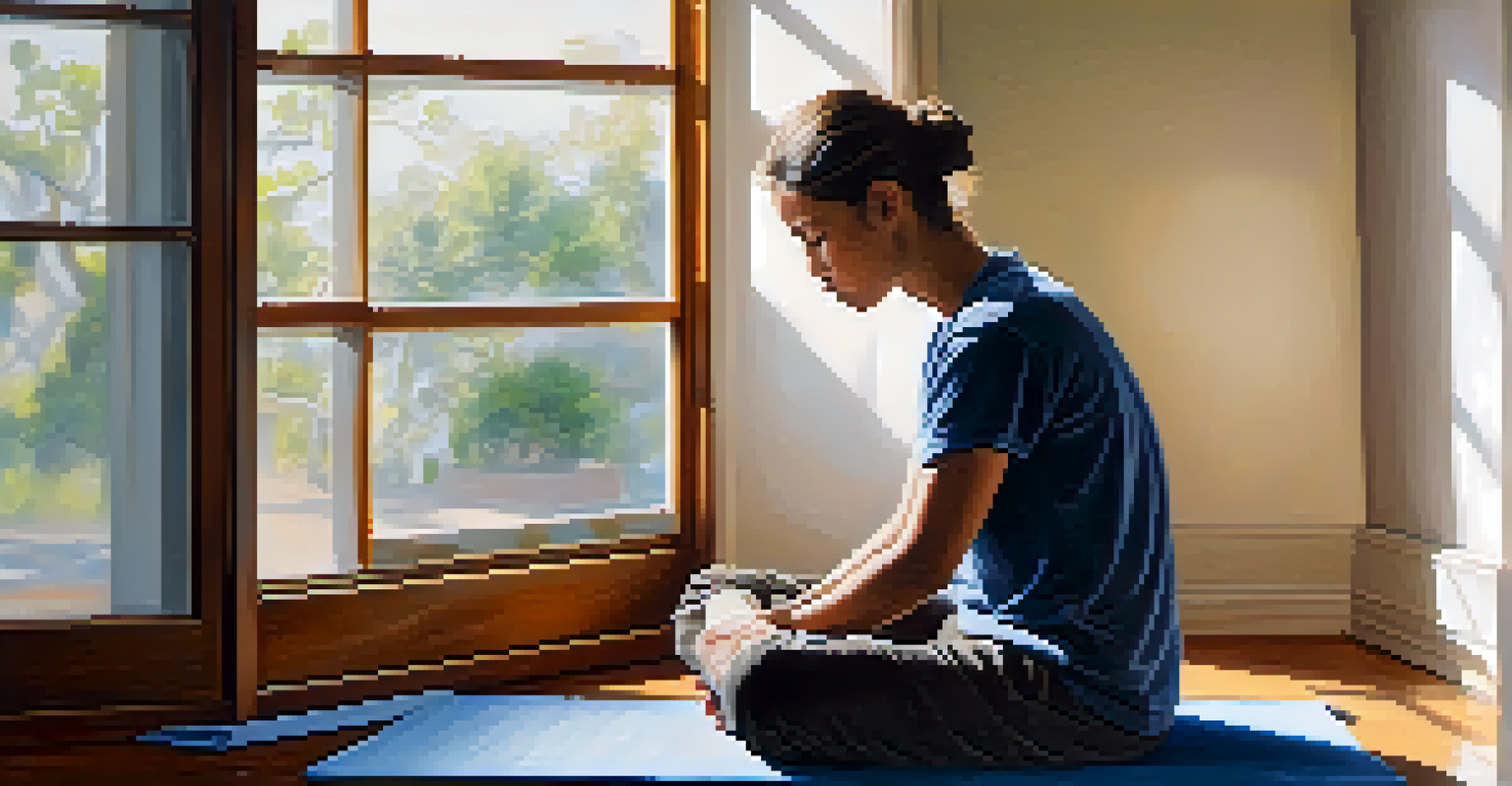 A person practicing mental visualization techniques for self defense, sitting cross-legged with eyes closed in a softly lit room.