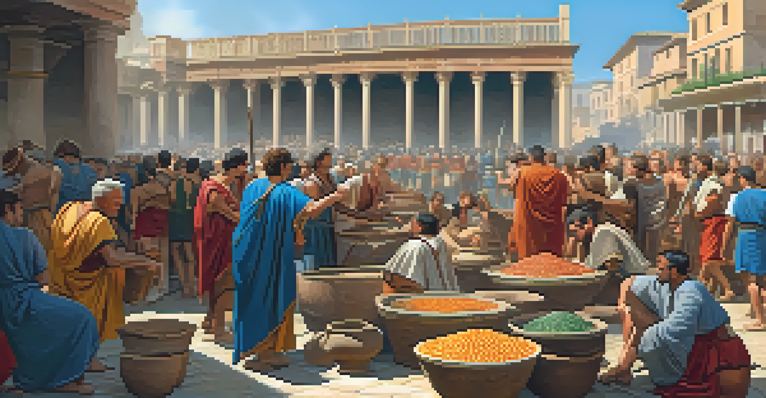 A citizen in ancient Rome defending themselves with a pottery shard in a lively marketplace.