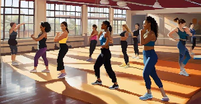 A group of women practicing self-defense techniques in a bright gym, wearing workout clothes and displaying focused expressions.