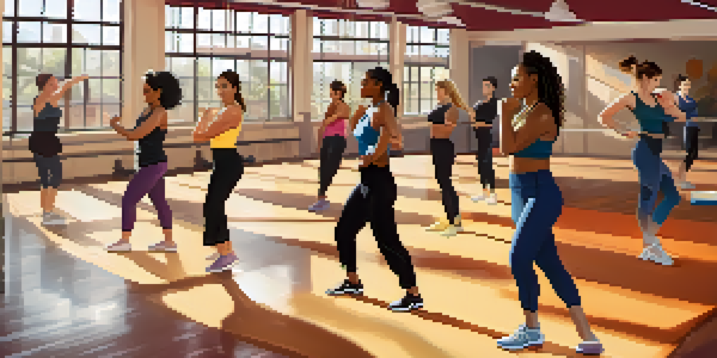 A group of women practicing self-defense techniques in a bright gym, wearing workout clothes and displaying focused expressions.