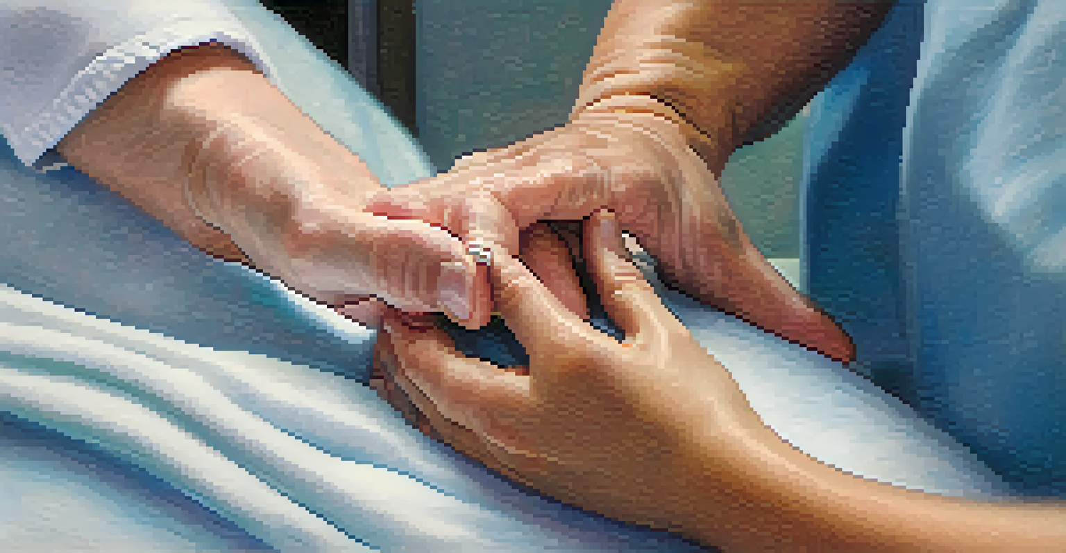 A close-up of a caregiver's hands holding a patient's hand in a hospital room.