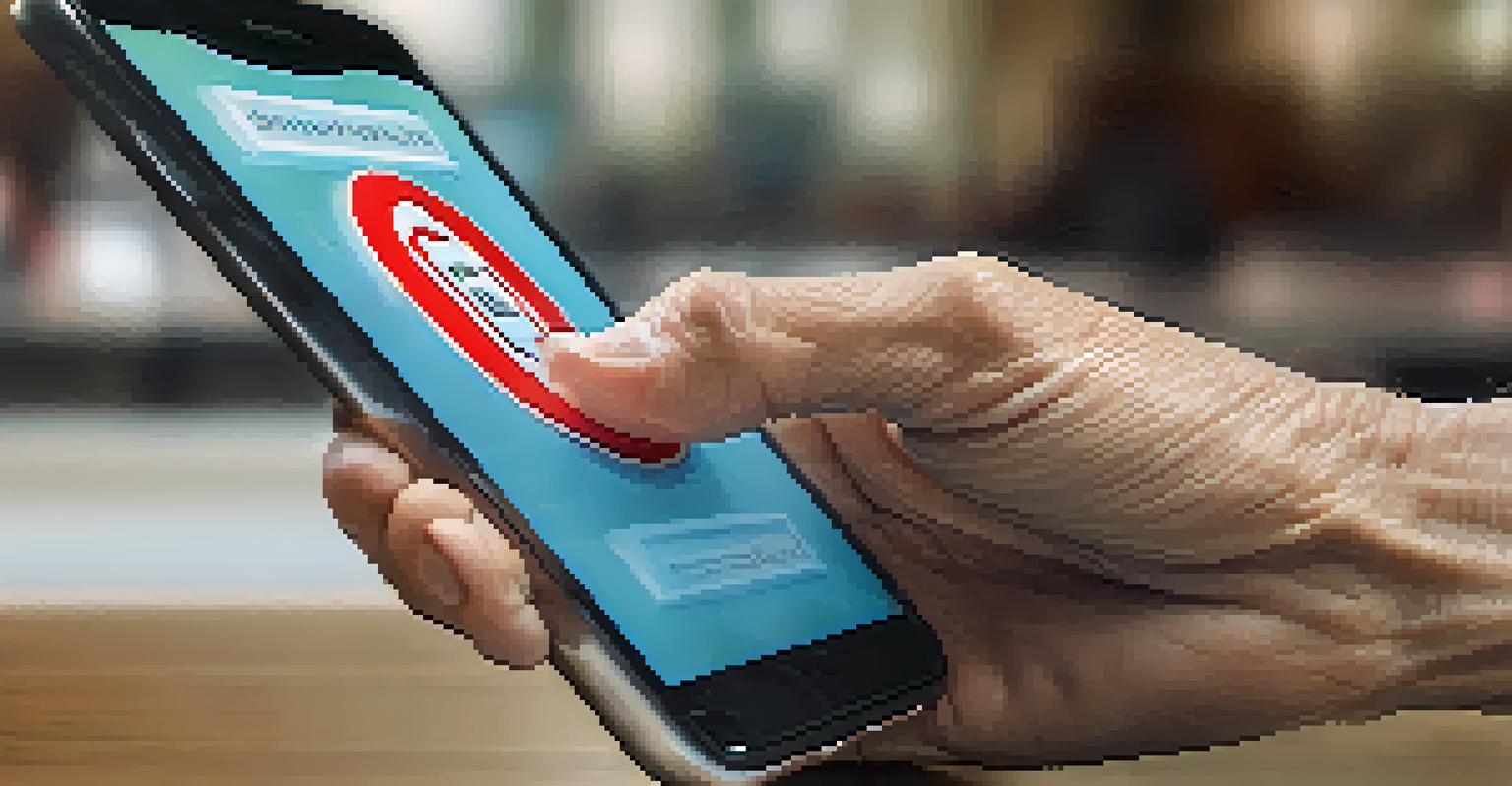 A close-up of a senior's hand holding a smartphone with an emergency alert app displayed, with a blurred background.