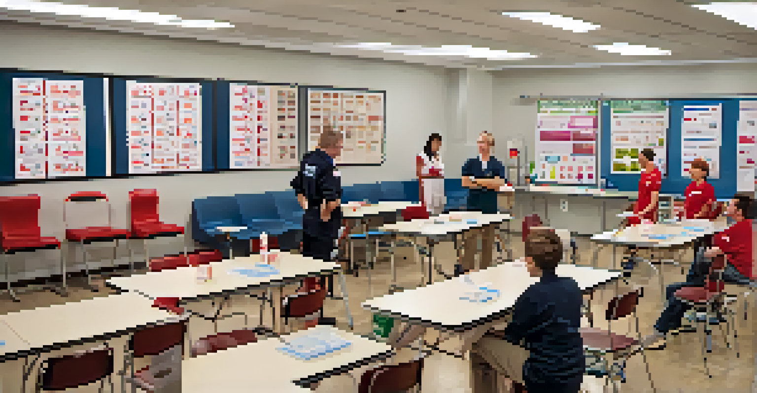 An instructor demonstrating first aid techniques to a group of attentive students in a bright classroom.