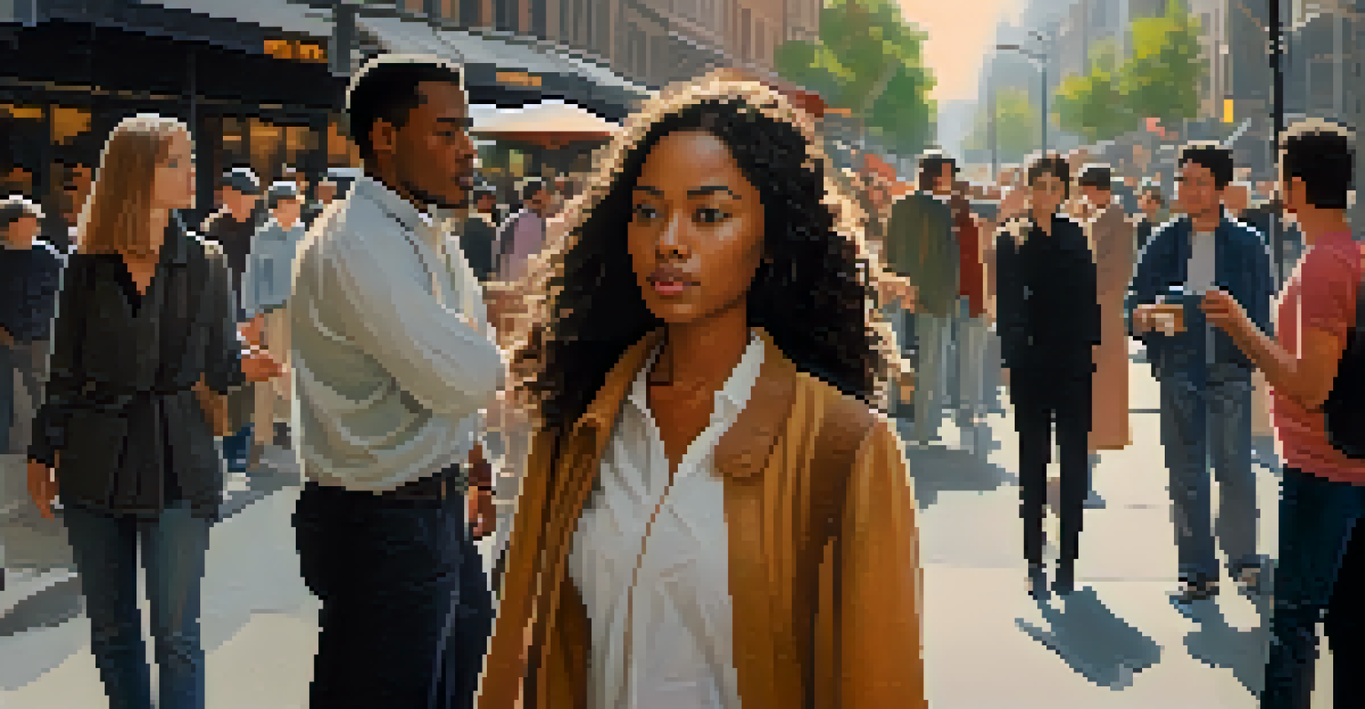 A confident person speaking assertively to a confrontational stranger in a busy urban street, showcasing calmness and composure.