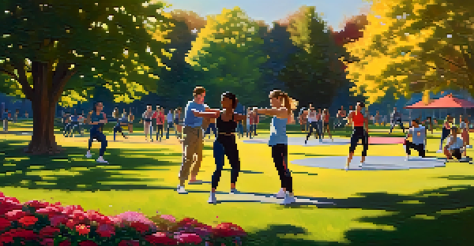A peaceful urban park with people practicing self-defense techniques in the golden hour light, surrounded by trees and flowers.